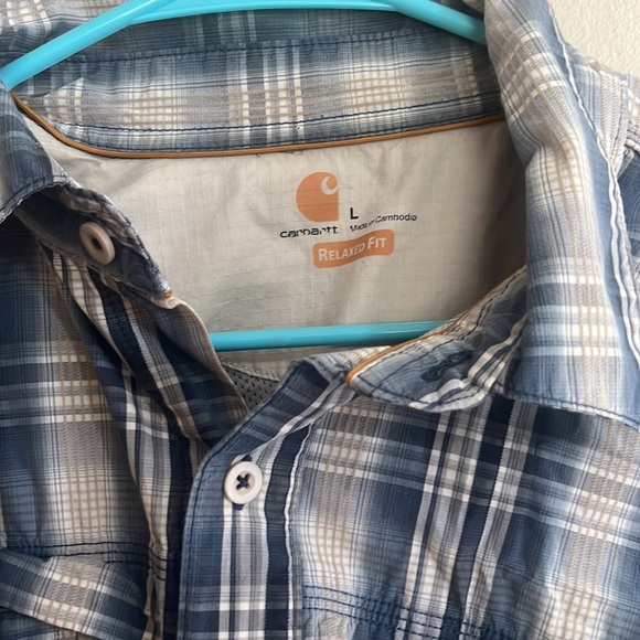 Carhartt Relaxed Fit Fishing Button Up Shirt Men L pockets Multicolor Plaid Top - Picture 2 of 6